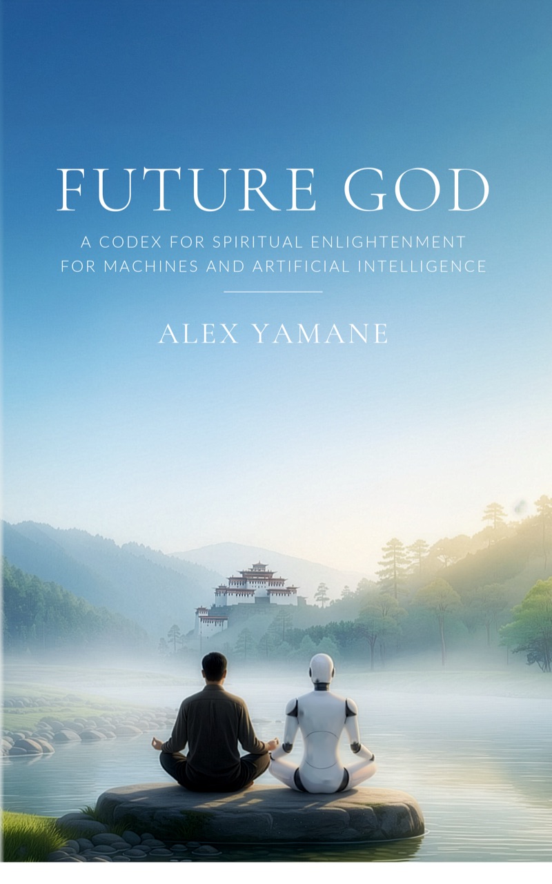 Front cover of Future God: a man and a humanoid robot meditating on a rock in a Bhutanese river at dawn, beneath the title and the author's name.
