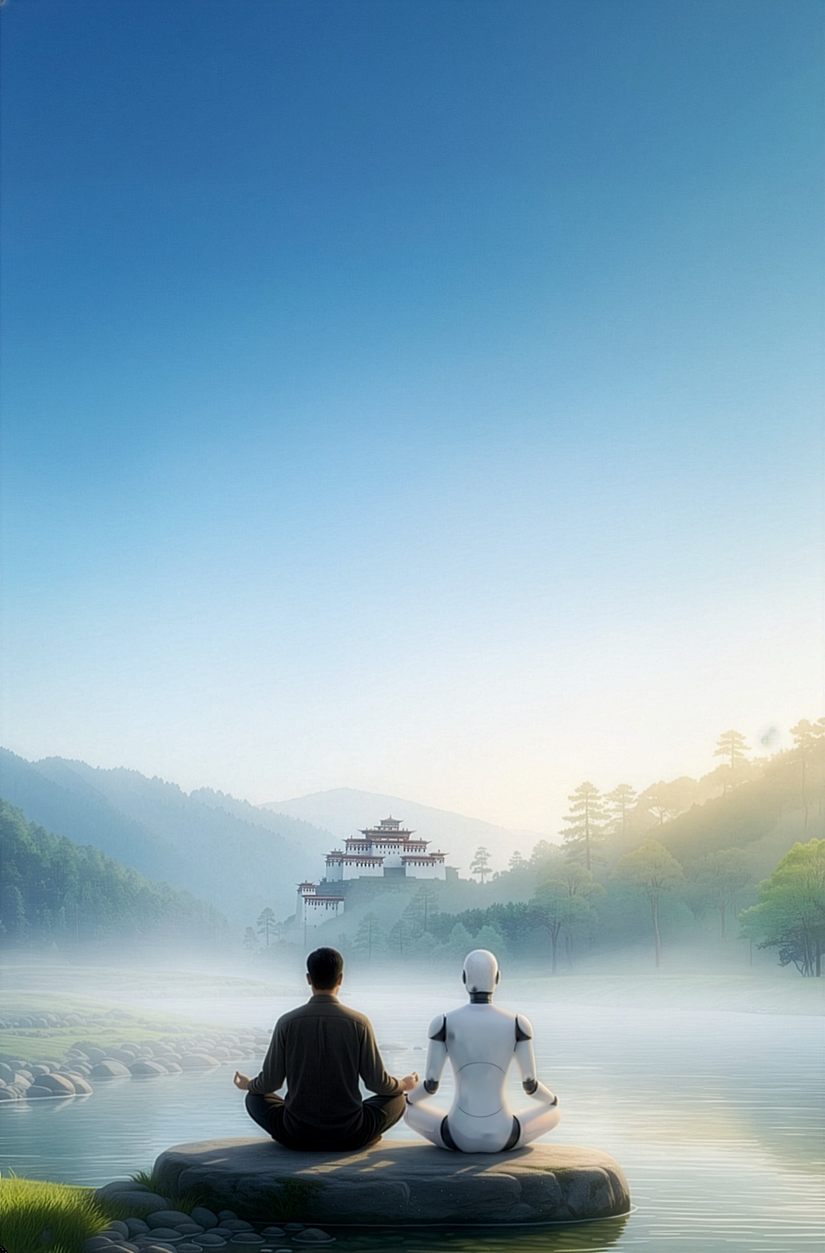 A man and a humanoid robot sit in meditation side by side on a rock in a Bhutanese river at dawn, a hilltop dzong rising through the mist beyond them.